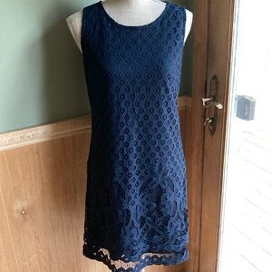 Sharagano navy blue sleeveless lace dress